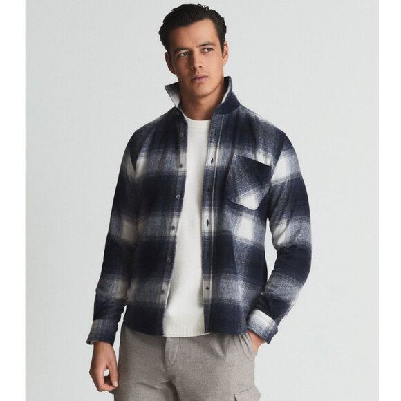 Reiss Other - REISS Men's Daytona Brushed Check Over-Shirt Navy Plaid Wool Blend Size S